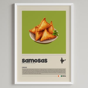 Póster de samosas / Arte de comida india / Decoración de pared para cocina y cafetería / Impresión minimalista de cocina asiática / Arte de pared imprimible con descarga digital