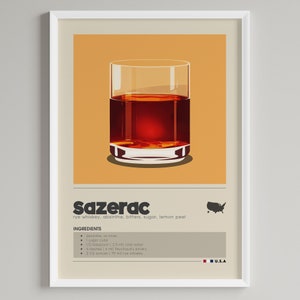 Sazerac Cocktail Print | Minimalist Bar Cart Decor | Classic Drink Recipe | Digital Download Printable Wall Art | US Whiskey Lover Gift