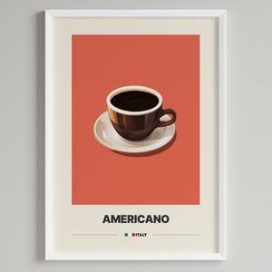 Könnte beinhalten: Ein Poster mit rotem Hintergrund, auf dem eine weiße Kaffeetasse auf einer weißen Untertasse zu sehen ist. Unter der Tasse steht der Text "AMERICANO" und darunter "ITALIEN".