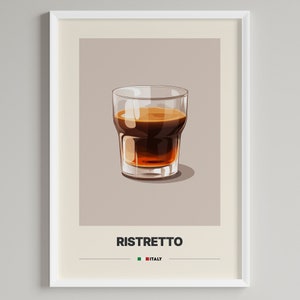 Könnte beinhalten: Ein Poster mit minimalistischem Design, das ein Glas Ristretto-Kaffee zeigt. Das Poster hat einen beigefarbenen Hintergrund mit dem Wort "RISTRETTO" in schwarzer Schrift und "ITALIEN" in kleinerer schwarzer Schrift darunter. Links neben dem Wort "ITALIEN" befindet sich eine kleine italienische Flagge.