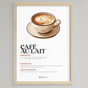 May include: A framed print featuring a detailed illustration of a cup of café au lait on a saucer. The image includes the text "CAFÉ AU LAIT" and a recipe with measurements in ounces and milliliters. The print is in a light wood frame.