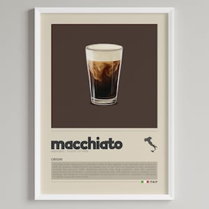 Könnte beinhalten: Ein Poster mit braunem Hintergrund, auf dem ein Glas Macchiato abgebildet ist, ein Kaffeegetränk mit einem Schuss Milch. Das Poster zeigt den Text "Macchiato" in großen schwarzen Buchstaben und den Text "Espresso, touch of milk" in kleineren schwarzen Buchstaben. Das Poster enthält auch eine kleine Illustration von Italien und den Text "ITALIEN" in schwarzen Buchstaben.