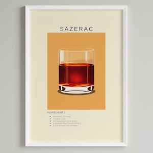 Sazerac Cocktail Poster | Minimalist Barwagen Dekor | Klassisches Getränke-Rezept | Digitaler Download zum ausdrucken