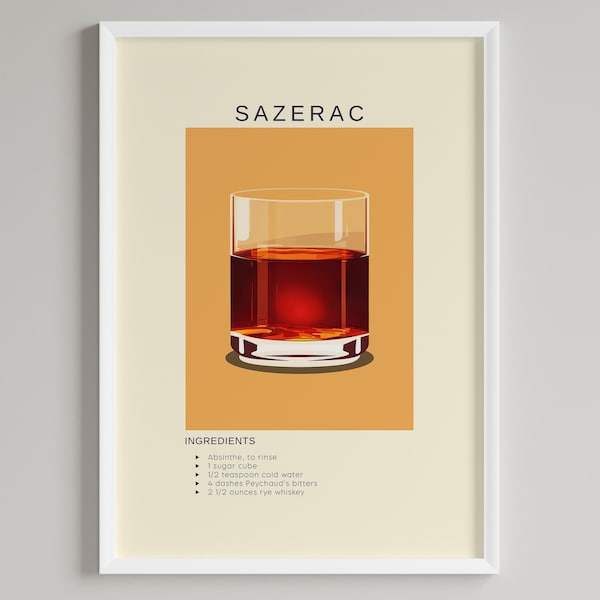 Sazerac Cocktail Poster | Bar Cart Decor | Minimalist Classic Drink Print | Digital Download Printable Wall Art | US Whiskey Lover Gift