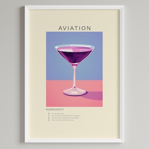Stampa artistica di cocktail dell'aviazione / Decorazione murale del carrello del bar / Arte murale stampabile dell'alcol / Download digitale / Regalo per gli amanti del cocktail e del gin