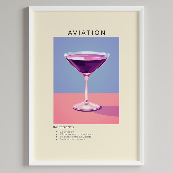 Aviation Cocktail Art Print | Bar Cart Wall Decor | Printable Alcohol Wall Art | Digital Download | Cocktail Gin Lovers Gift