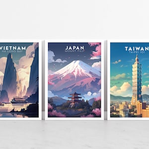 Asia Landmark Gallery Print Set of 3, Travel Poster, Home Decor Wall Art, Colorful Illustration Art, Digital Download Printable Gift Set