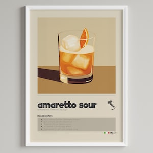 Impresión de cóctel Amaretto Sour / Decoración de carrito de bar / Póster minimalista de bebida clásica / Arte de pared imprimible con descarga digital / Regalo para amantes del bourbon