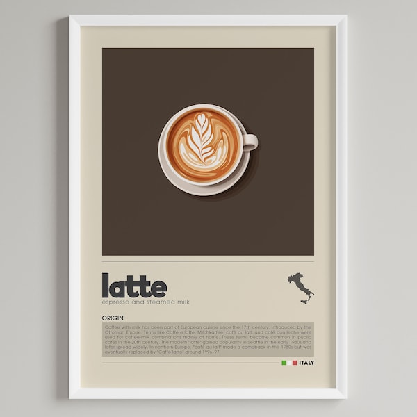 affiche de café au lait | Art minimaliste du café italien | Illustration de café | Art mural café | Décoration de cuisine | Art imprimable en téléchargement numérique