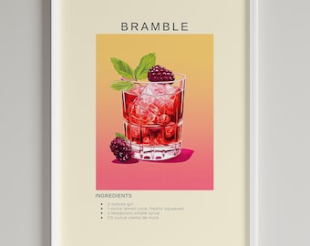 Impresión artística de cóctel Bramble / Decoración de pared con carrito de bar / Póster imprimible digital / Regalo para amantes de los cócteles y la ginebra