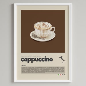 Könnte beinhalten: Eine grafische Illustration eines Cappuccinos, einem Kaffeegetränk aus Espresso, aufgeschäumter Milch und Schaum. Die Illustration ist vor einem braunen Hintergrund mit dem Text "espresso, steamed milk, foam cappuccino" und "ORIGIN" in schwarzem Text. Der Text "Cappuccino, on Italian coffee, combines espresso, hot milk, and steamed milk foam. It has its origins in Ottoman-style coffee with milk. The name "cappuccino" stems from the Viennese coffee "Kapuziner" and Capuchin friars. Modern cappuccino as we know it began in northern Italy in the 1930s with a focus on milk texture and temperature to create microfoam. A standard cappuccino includes espresso, frothed milk and milk foam. Variations exist including light and dark cappuccinos as well as cold versions and iced cappuccinos in different regions." ist ebenfalls in schwarzem Text enthalten. Die Illustration enthält eine kleine italienische Flagge mit dem Text "ITALY" darunter.
