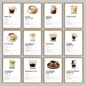 May include: A collection of twelve framed art prints showcasing various coffee drinks. Each print features a detailed illustration of a coffee beverage, such as Breve, Café Au Lait, and Cold Brew, along with the drink's name in bold text.