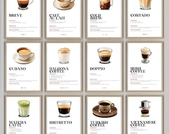 Global Coffee Recipe Prints Set of 12: Minimalist Kitchen Wall Art (Digital Download)