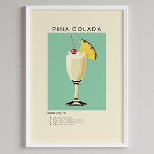 Pina Colada Cocktail Print | Minimalist Bar Cart Decor | Classic Drink Recipe | Printable Digital Download
