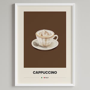 Könnte beinhalten: Eine weiße Tasse Cappuccino vor braunem Hintergrund. Die Tasse steht auf einem weißen Unterteller und hat einen silbernen Löffel. Unter der Tasse steht der Text "CAPPUCCINO" und "ITALIEN".