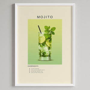 Mojito Cocktail Print | Bar Cart Drink Art | Home Bar Decor | Prezent dla miłośników koktajli | Wydrukowany cyfrowy plakat do pobrania z alkoholem