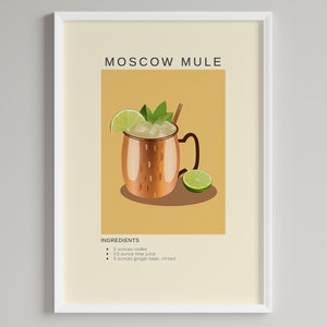 Wydruk artystyczny koktajlu Moscow Mule | Dekoracja ścienna wózka barowego | Wydrukowany plakat ścienny z alkoholem | Pobieranie cyfrowe | Prezent dla miłośników koktajli i wódki
