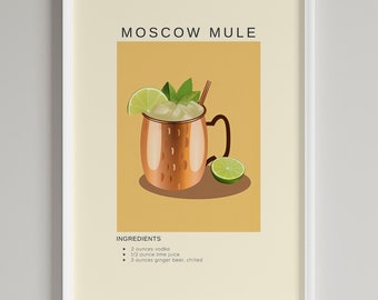 May include: A Moscow Mule cocktail recipe poster with an illustration of a copper mug filled with ice, lime wedges, and a sprig of mint. The text reads "Moscow Mule" and "Ingredients: 2 ounces vodka, 1/2 ounce lime juice, 3 ounces ginger beer, chilled."