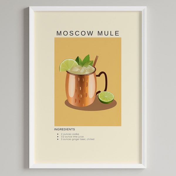 Moscow Mule Cocktail Art Print | Bar Cart Wall Decor | Printable Alcohol Wall Art Poster | Digital Download | Cocktail Vodka Lovers Gift