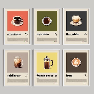 May include: Six illustrated posters with white frames, each depicting a different type of coffee drink. The posters feature a simple design with a white background and a coloured rectangle in the centre. The coffee drinks are labelled with their names: Americano, Espresso, Flat White, Cold Brew, French Press, and Latte.