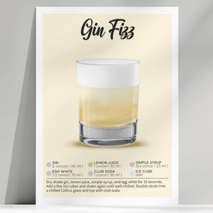 Afdrukbare 5 x 7 Gin Fizz-receptkaartenset | Digitale cocktailgids en bedankkaart | Kunst barwagen | Cadeau cocktailliefhebber | Direct downloaden