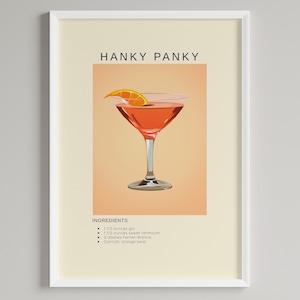 Póster de cóctel Hanky Panky / Decoración minimalista para carrito de bar / Amante de la ginebra / Descarga digital imprimible