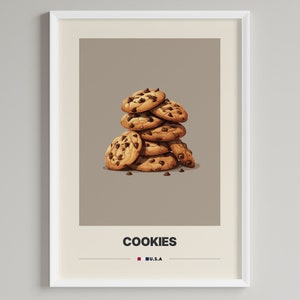 Puede incluir: Una pila de galletas con chispas de chocolate sobre un fondo marrón. El texto "COOKIES" y "U.S.A." están debajo de las galletas.