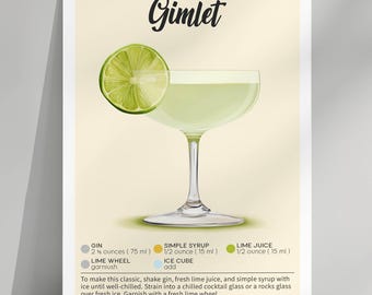 Gimlet Recipe Print: Minimalist Gin Bar Art (Digital Download 5x7 PNG & PDF)