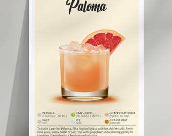 Paloma Cocktail Recipe Print: Bar Cart Art (Digital Download 5x7 PNG & PDF)