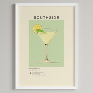 Southside Cocktail Print | Minimalist Bar Cart Decor | Classic Drink Recipe | Printable Digital Download