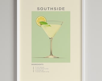 Southside Cocktail Art Print | Bar Cart Wall Decor | Printable Alcohol Wall Art Poster | Digital Download | Cocktail Gin Lovers Gift