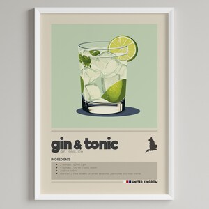 Gin & Tonic Cocktail Print | Bar Cart Decor | Minimalist Classic Drink Poster | Digital Download Printable Wall Art | Europe Gin Lover Gift