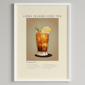Póster de cóctel de té helado Long Island / Decoración minimalista para carrito de bar / Descarga digital imprimible