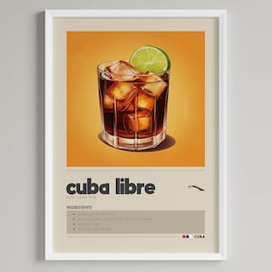 Póster de cóctel Cuba Libre / Decoración minimalista para carrito de bar / Amante del ron / Descarga digital imprimible