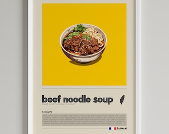Lámina artística de sopa taiwanesa de fideos con carne: Decoración minimalista para cocinas (descarga digital)