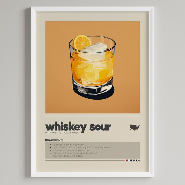 Whiskey Sour Cocktail Print | Bar Cart Decor | Minimalist Classic Drink Poster | Digital Download Printable Wall Art | Bourbon Lover Gift