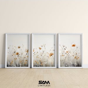 Herbst Wildblumen Print-Set | Ölgemälde Triptychon | Neutrale Blumenwandkunst | Digital Download druckbare Galerie-Set