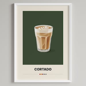 Könnte beinhalten: Ein Poster mit grünem Hintergrund, auf dem ein Glas Cortado-Kaffee mit einem herzförmigen Design im Schaum abgebildet ist. Der Text "Cortado" ist in Weiß unter dem Glas gedruckt, und "Spanien" ist in Weiß unter dem Text gedruckt.