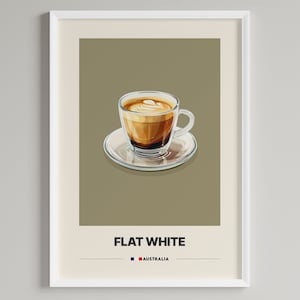 Puede incluir: Una bebida de café flat white en una taza de vidrio transparente con un platillo. El café tiene un color marrón claro y un diseño de espuma blanca en la parte superior. El texto "FLAT WHITE" y "AUSTRALIA" está debajo de la taza.