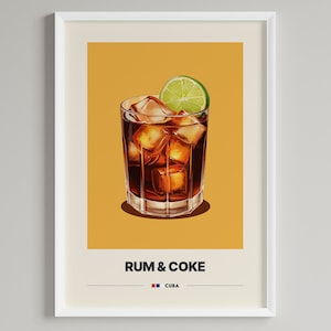 Póster de cóctel de ron y Coca-Cola / Decoración minimalista para carrito de bar / Descarga digital imprimible