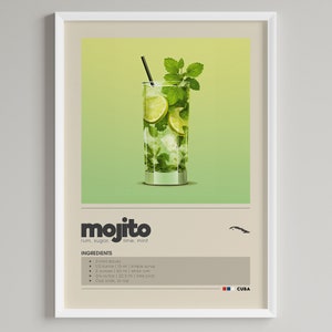 Mojito Cocktail Print | Bar Cart Decor | Minimalist Classic Drink Poster | Digital Download Printable Wall Art | Rum Lover Gift