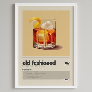 Old Fashioned Cocktail Print | Bar Cart Decor | Minimalist Classic Drink Poster | Digital Download Printable Wall Art | Bourbon Lover Gift