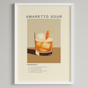 Koktajl Amaretto Sour Art Print | Dekoracja ścienna do wózka barowego | Plakat ścienny z alkoholem do wydrukowania | Pobieranie cyfrowe | Prezent dla miłośników koktajli Bourbon