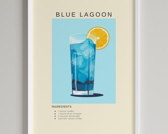 Blue Lagoon Cocktail Poster | Bar Cart Decor | Minimalist Classic Drink Print | Digital Download Printable Wall Art | Vodka Lover Gift