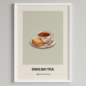 Könnte beinhalten: Eine Vintage-Illustration einer Tasse Tee und einem Keks auf einem Unterteller. Der Text "ENGLISH TEA" und "UNITED KINGDOM" befindet sich unter dem Bild.