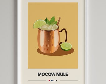 May include: A copper Moscow Mule mug filled with a light-colored drink, garnished with a lime wedge and mint leaves. The mug is on a yellow background with the text "MOCOW MULE" and "U.S.A." below the mug.