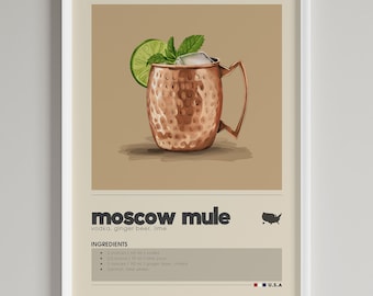 May include: A printable recipe poster for a Moscow Mule cocktail. The poster features a copper mug filled with ice, lime wedges, and mint leaves. The recipe includes the ingredients: 2 ounces (60 ml) vodka, 1/2 ounce (15 ml) lime juice, 3 ounces (90 ml) ginger beer, and a lime wheel garnish.
