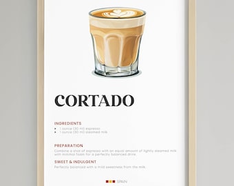 Cortado Recipe Print | Minimalist Coffee Bar Art | Spanish Coffee Guide for Kitchen | Digital Download