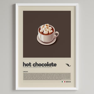 Könnte beinhalten: Eine digitale Illustration einer Tasse mit heißer Schokolade, die mit Marshmallows belegt ist. Der Text "hot chocolate" ist in fetten, schwarzen Buchstaben über der Tasse geschrieben. Der Text "cocoa drink topped with marshmallows" ist in kleineren, schwarzen Buchstaben unter der Tasse geschrieben. Der Text "ORIGIN" ist in schwarzen Buchstaben über einem Absatz mit Text geschrieben, der den Ursprung von heißer Schokolade beschreibt. Der Text "■MEXICO" ist in schwarzen Buchstaben in der unteren rechten Ecke des Bildes geschrieben.