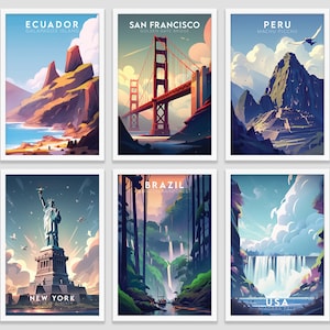 Set of 6 Colorful America Landmark Art Prints | Travel Poster Home Decor | Landmark Gallery Wall Art | Digital Download Printable Gift Set